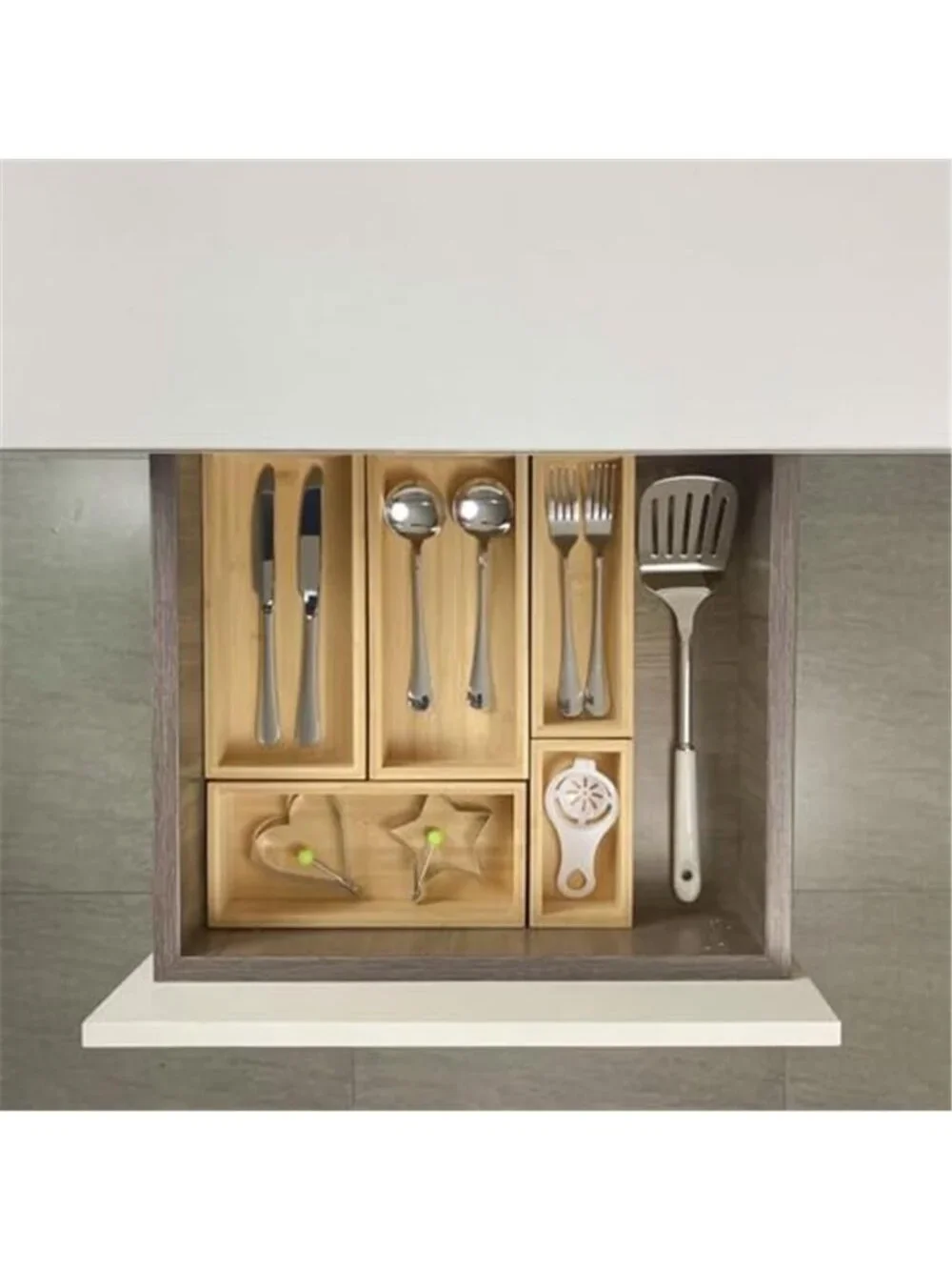 Bamboo Drawer Organizer 5 pcs Expandable Stackable Kitchen Utensil Desk Storage